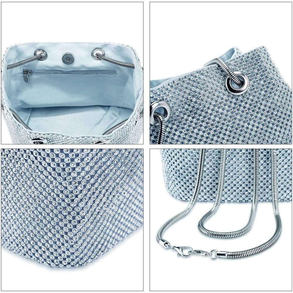 Women Rhies Crystal Clutch Mini Evening Bags Bucket Bag Party Prom Wedding Small Shoulder Cross-body Purses
