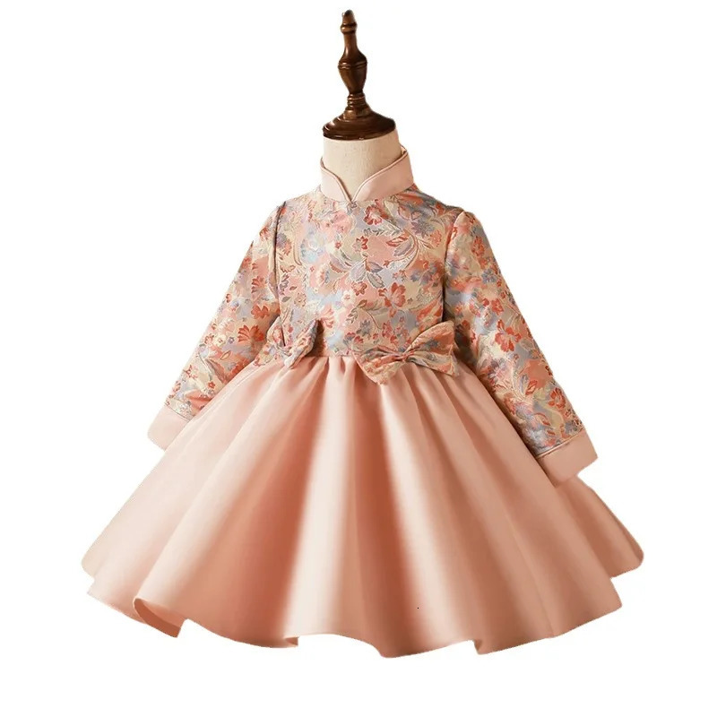 spring and autumn girlss chinese style zhuzhou pink embroidery dress 241008