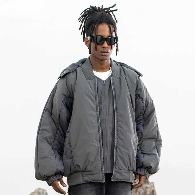 Men's Down Parkas Winter Warm Mens Jacket High Strt Tech Wear Padded Double Zipper Splicing Mens Hoodie Casual Coat Parkas Mens Clothing Y241009X