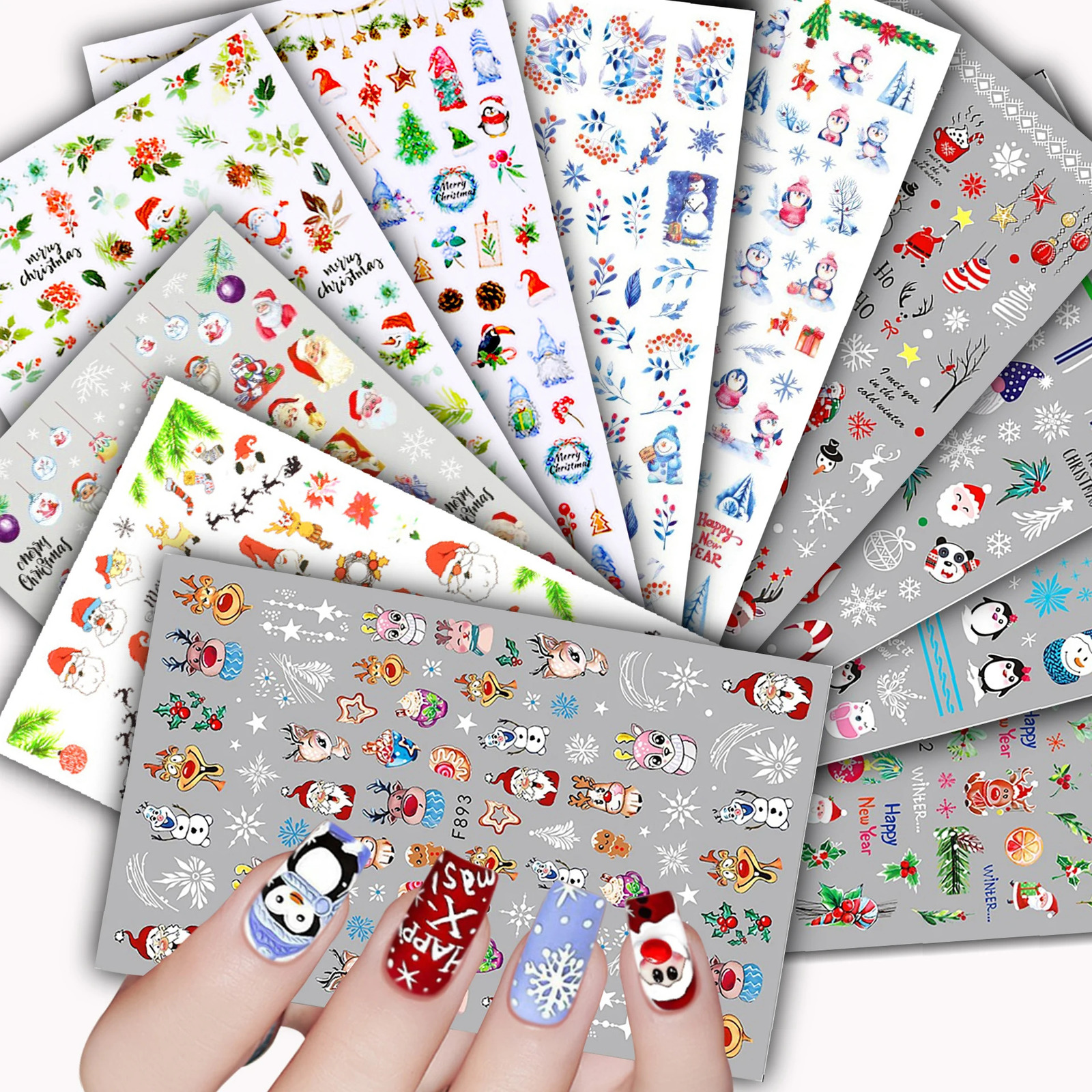 3D Christmas Nail Stickers Santa Claus Snow Deer Christmas Tree Winter Stickers Sliders Year Holiday Decoration 241008