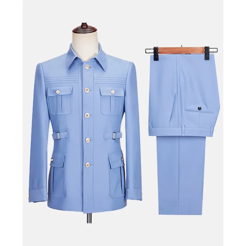 Mens Blazer Blue 2PcsSet Solid Color Suit Single Breasted Lapel Collar Safari Jacket Pant 2Pcs Set Business Occasion Suits 241008