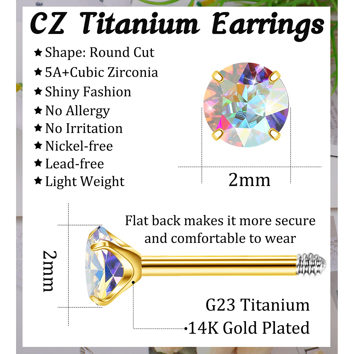 TUPMI G23 Titanium Earrings for Sensitive Skin Flatback 5A+AB Cubic Zirconia Stud Earrings 14K Gold Hypoallergenic Nap Earrings for Women 2-5mm
