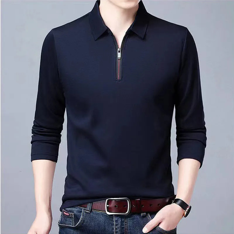 Smart Casual Mens Solid Polo Shirt Spring Autumn Long Sleeve Zipper Collar Business Fashion Loose Polos Tops Clothing 241010