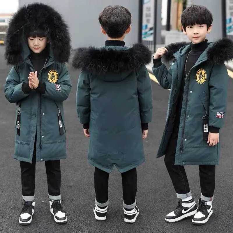 Down Coat New winter thick hooded jacket for boys with fur collar Parka snow jacket medium length warm down jacket H241010