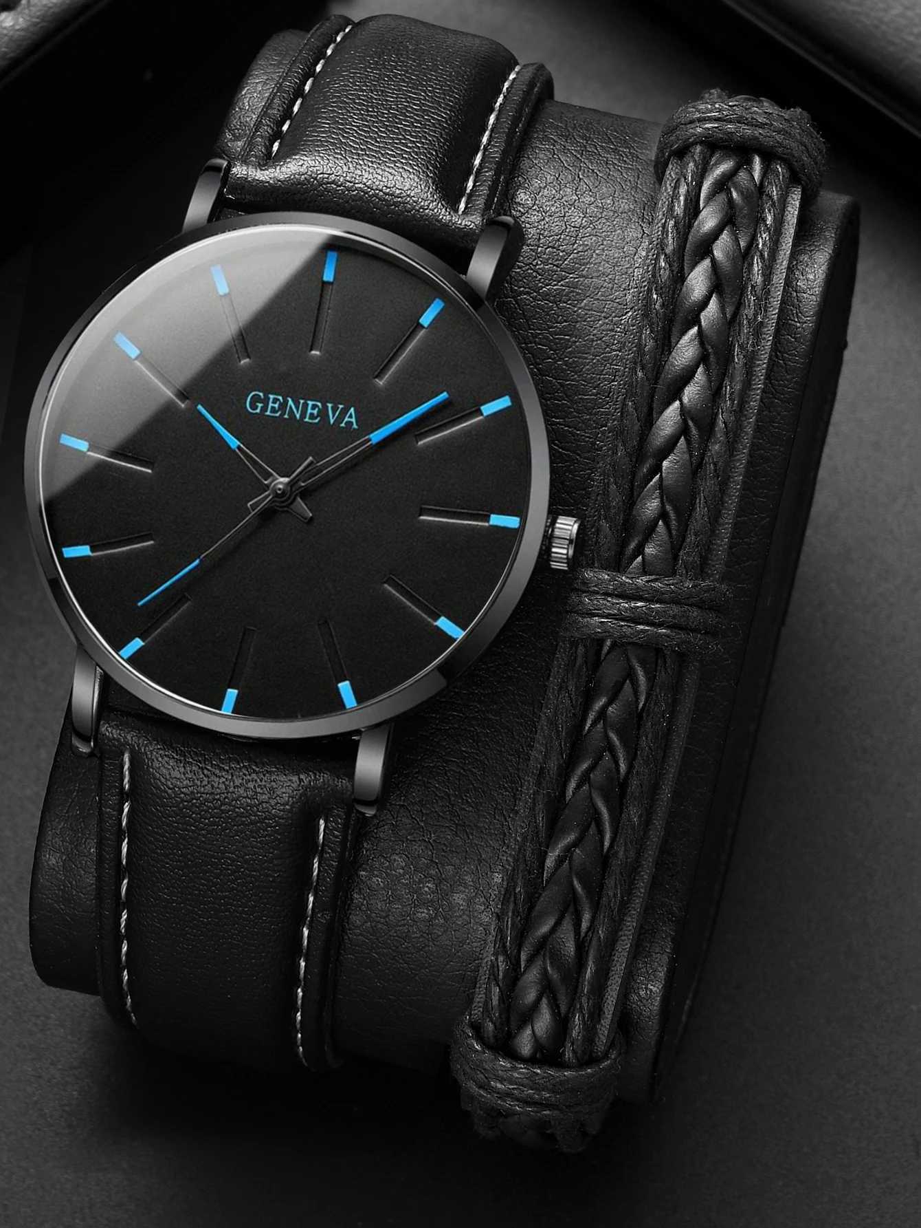 Watch + Bracelet 2023 Minimalist Mens Fashion Ultra Thin Watches Simple Men Business PU Leather Strap Quartz WatchX241010