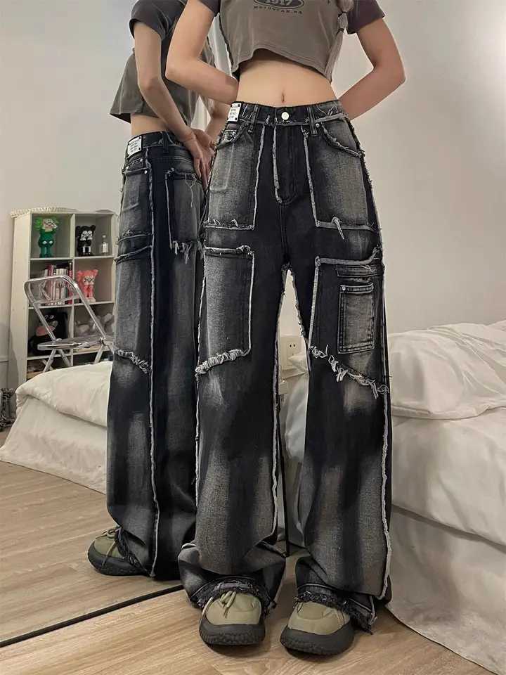 American high street hip-hop men and women trend tie dye fringed straight leg jeans autumn loose personality retro casual pantsX241009