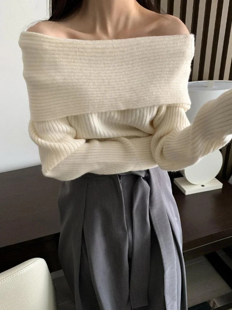 Deeptown Knitted Off Shoulder Sweater Womens Elegant Pulling Autumn Fashion Winter Sexy Korean Knitted Y2k Top 240927