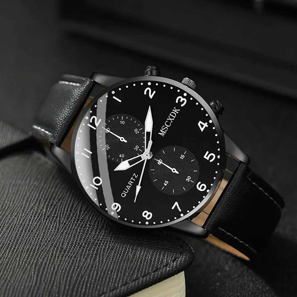 2pcs Black Round Quartz Watch With Leather Bracelet Men Business Watch Fashion Casual For Daily SportsX241010