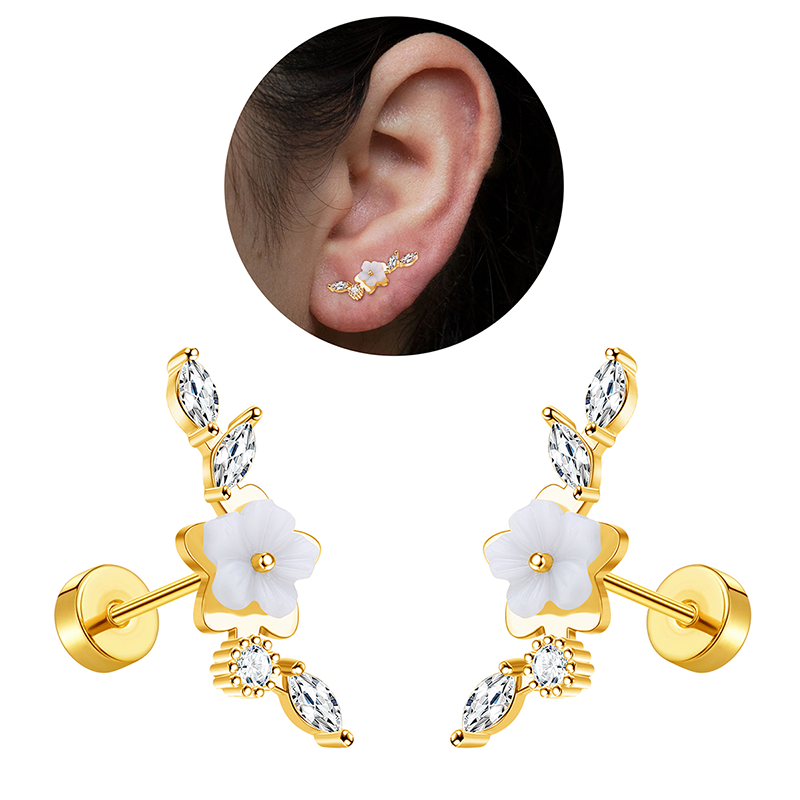 TUPMI 20G Cartilage Earrings for Women 14K Gold Stainless Steel Flat Back Cartilage Stud Earrings for Sensitive Ear Leaf Opal CZ Handmade Helix Conch 