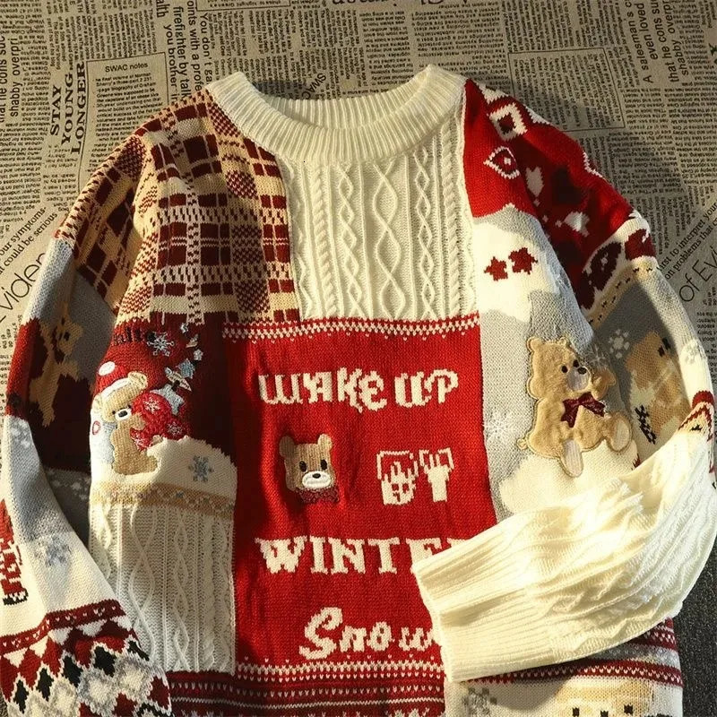 Y2K Europe And America Cute Twist Men Women Christmas Long Sleeved Sweater Street Autumn Winter Fashion Loosesweater 240930