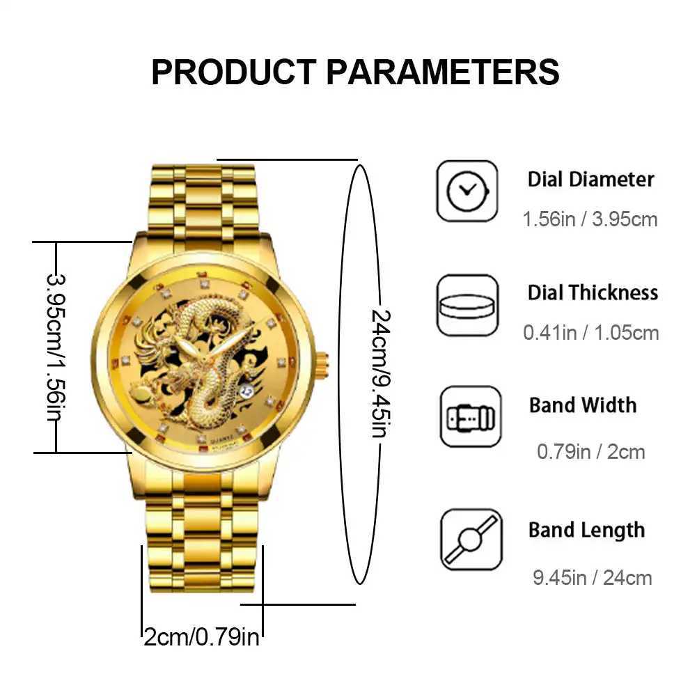 Luxury Delicate Trendy Men Fashion 3D Gold Dragon Calendar Watch Set Men Quartz Stainless Steel WatchesX241010