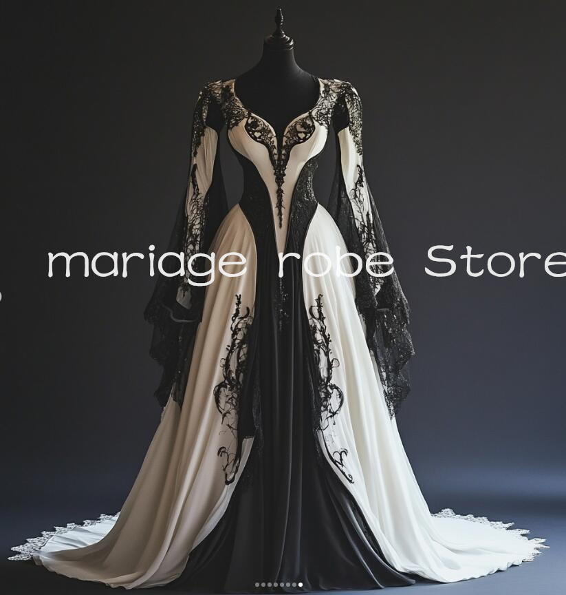 History Black White Gothic Victorian Wedding Dresses Fariy Long Sleeve Lace-up Corset Halloween Elven Medieval Bridal Gown