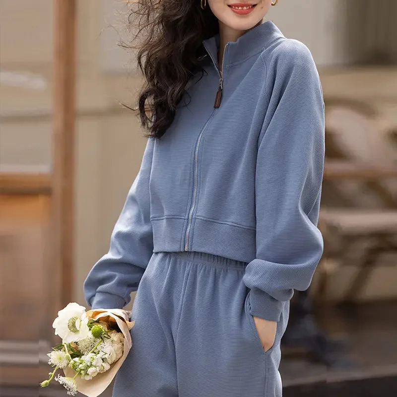 Womens pants set Korean fashion casual track suit loose zipper long sleeved sweater jacket mens 2piece sportswear 241007