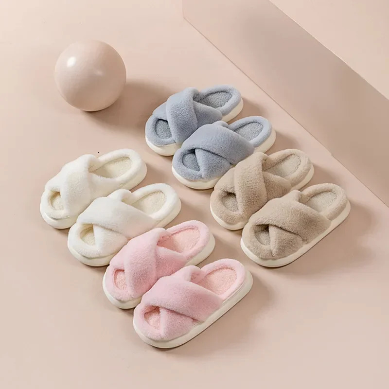Fluffy fur home slippers for women in winter anti slip indoor floor shoes thick soled home cotton fur slippers 241007