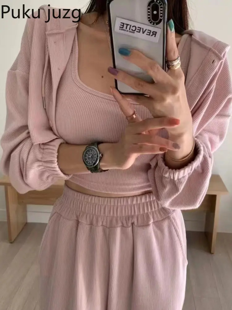 Womens sportswear hoodie long sleeved cardigan top loose wide leg jogging pants Korean three piece set womens clothing 241007