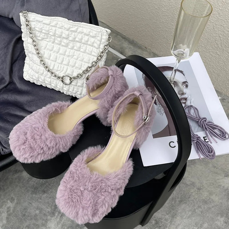 Fur Slippers Womens Square Heel Shoes Women High-heeled Furry Drag Fashion Outdoor All-match Sandals Furry Slides Flip Flop 241010