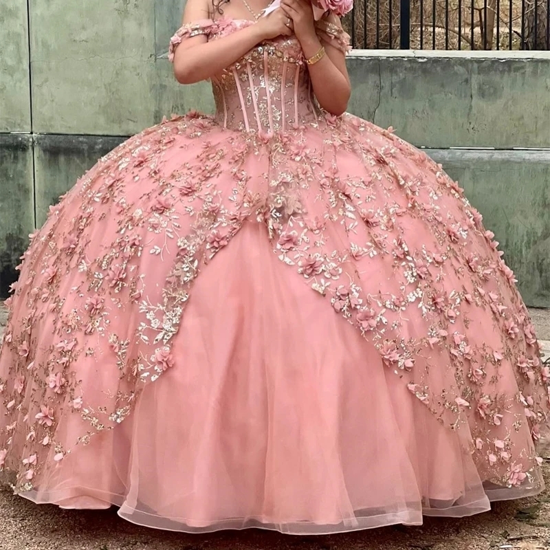 Red Princess Quinceanera Dresses Golld Sequin Applique Lace Flower Tull Lace Up Ball Gown Bithday Party Vestido De 16 Anos Sweet 15 Dress