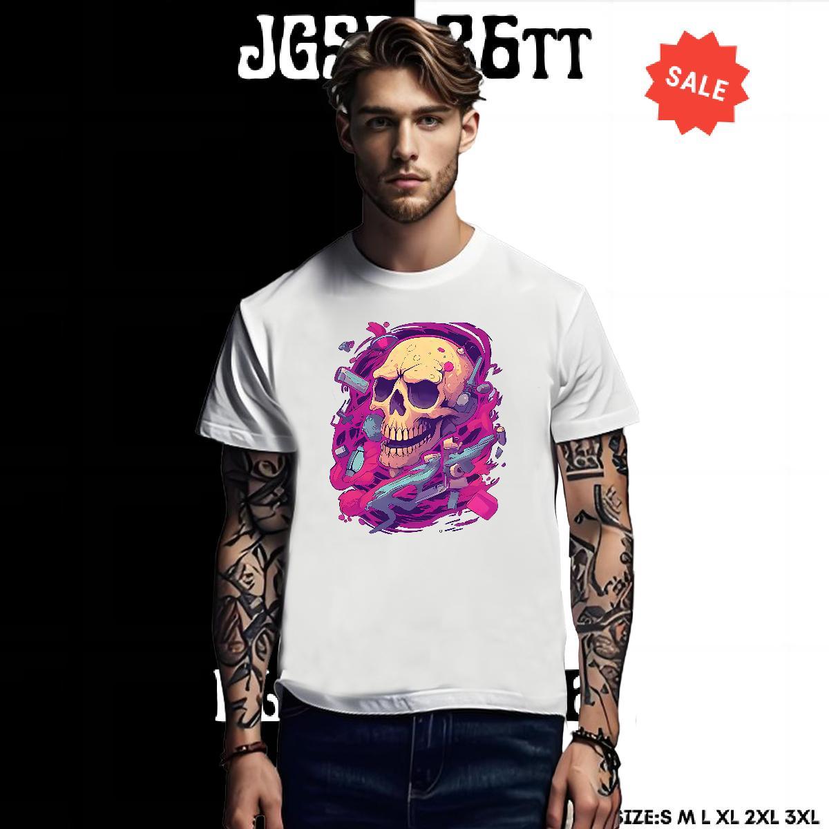 Loose T-Shirts for Men 100% Cotton 230g skull Summer Casual Floral Print Short Sleeve Soft Men Tshirts Free Shipping Tees Shirts