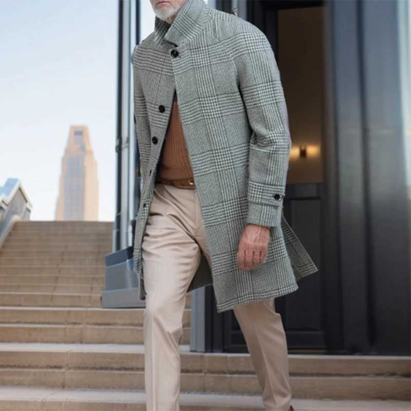 Vintage Plaid Woolen Trench Coat Men Fashionable Lapel Button-up Lace-up Belt Windbreaker Mens Mid Jacket Fall Winter Outerwear LX241010