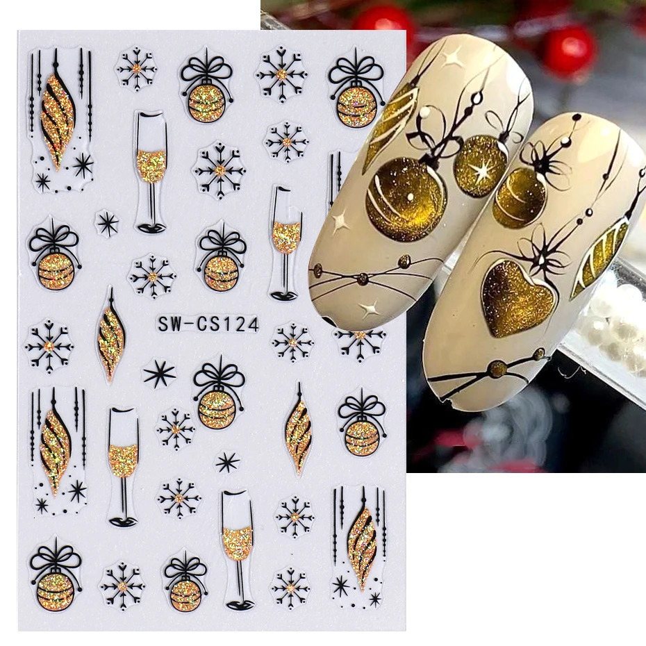 Reflective Gold Christmas Nail Art Stickers Sparkling Bell Lights Snowflake 2024 Year Handmade Winter Foil 241008