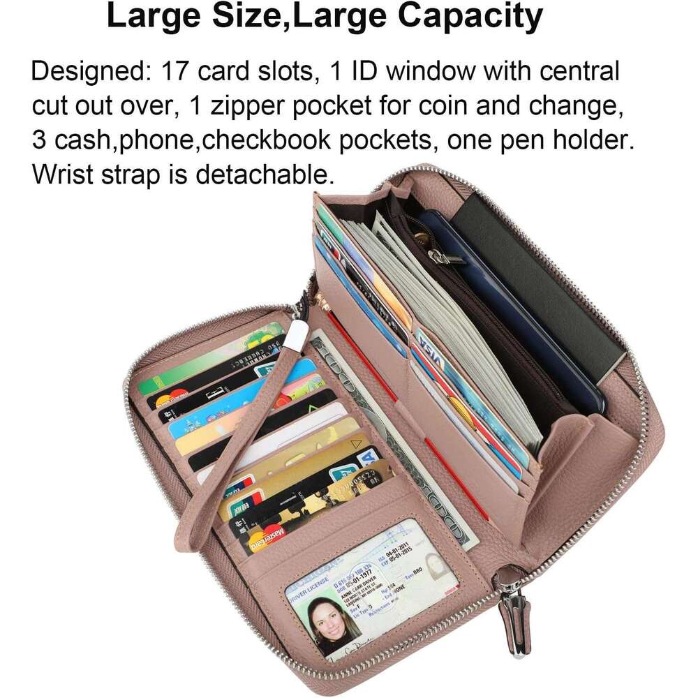 Women's RFID Blocking 100% Leather Large Capacity Zip Around Wallet Phone Holder Clutch Travel Purse Wristlet