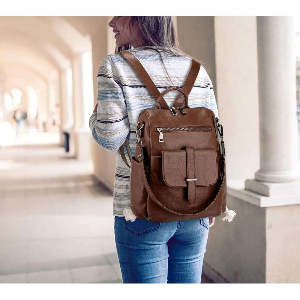 Women Backpack Purse Leather Vegan Convertible Ladies Rucack Front Belt Pocket Shoulder Bag Black