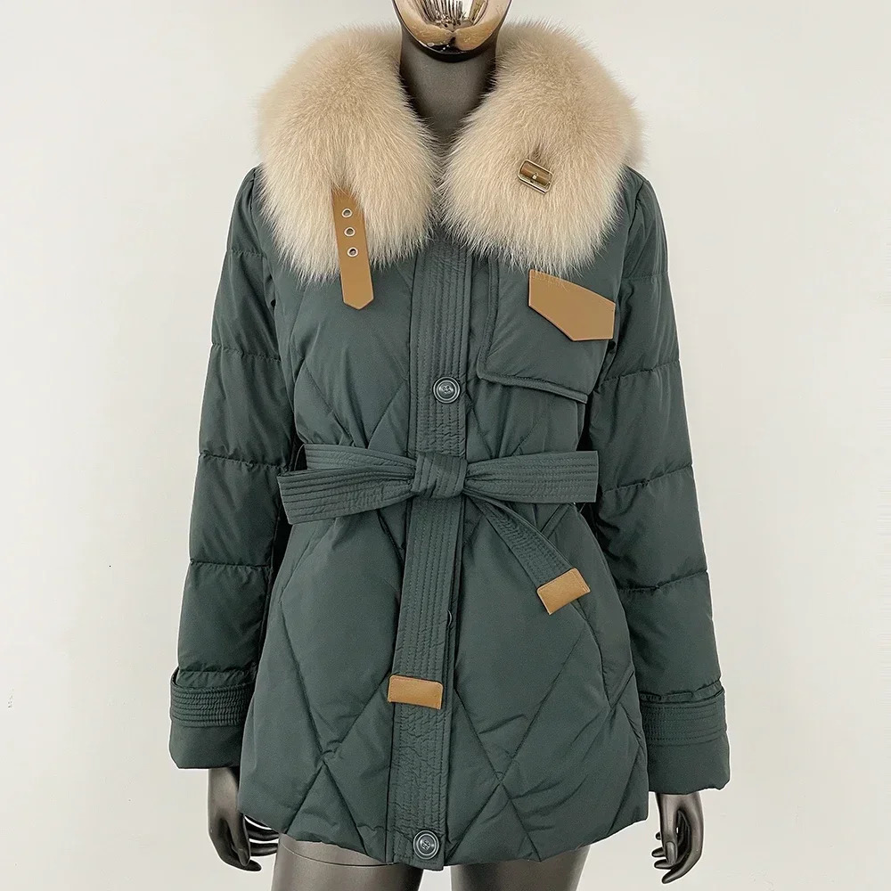White duck down jacket fashionable lace top fox fur collar thick warm jacket autumn winter real fur coat real fur coat 241007