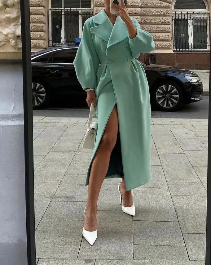 Autumn Lantern Sleeve Vintage Court Coat Lapel Double Row Button Office Womens Long Jacket Windbreaker Thick Street 240930