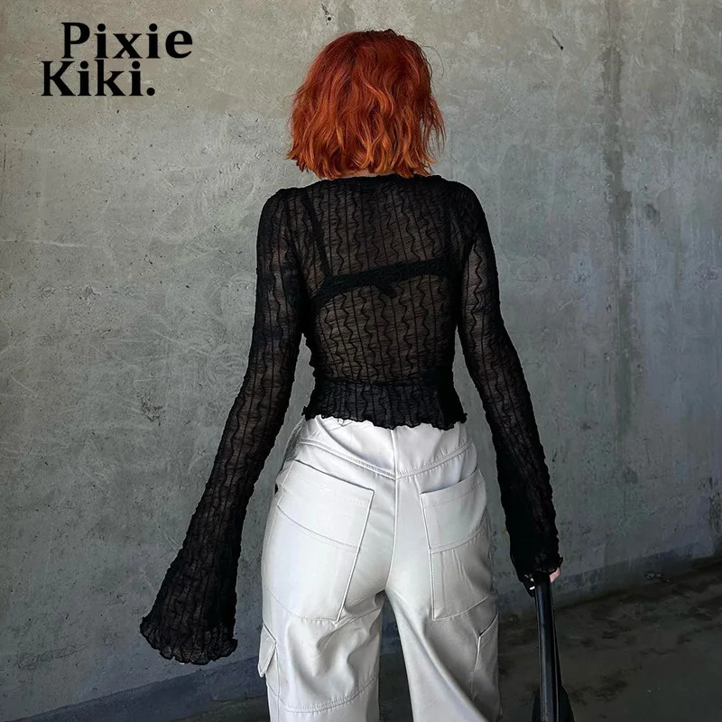 PixieKiki See Through Mesh White Black Tops Y2k Clothing Tie Front Cropped Cardigan Long Sleeve Shirts Women Spring 2024 P85BH12 241010