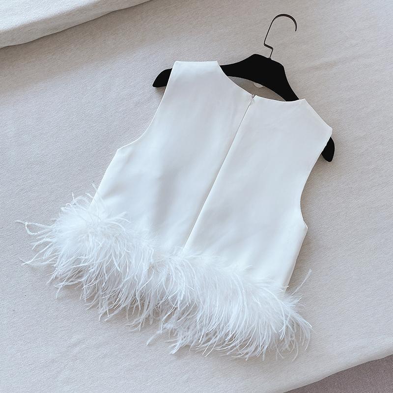 Woman Black Patchwork Feathers Korean Shirt Tank Top Female Fashion Round Neck Sleeveless Slim Tops Summer Party Club Clothing