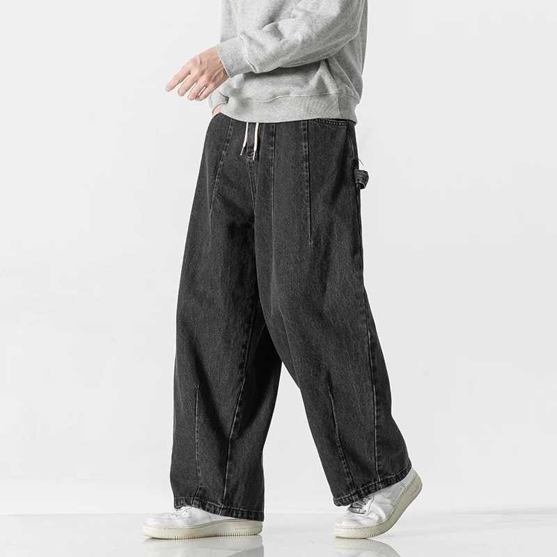 Trendy Classic Black Blue Solid Men Jeans Baggy Casual Pants Wide-leg Straight Loose Denim Trousers Streetwear Hip Hop PantX241009