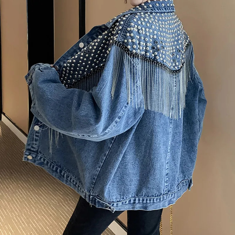 PFHQ Mens Denim Coat Short Heavy Industry Bead Tassel Korean Stage Performance Handsome Delicacy Jackets Spring 21Z3714 241010