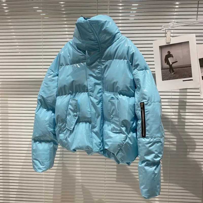 Men's Down Parkas Ultra fine short padded jacket womens stand up collar bread jacket winter warm thick clothing patented leather cardigan wool sw