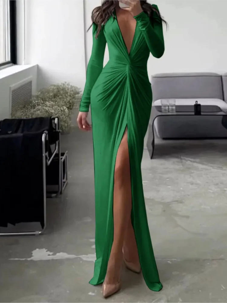 Women Maxi Dress Autumn 2023 Fashion Sexy Slit V Neck Long Sleeve Solid Slim Pleated Evening Party Prom Dresses 241009