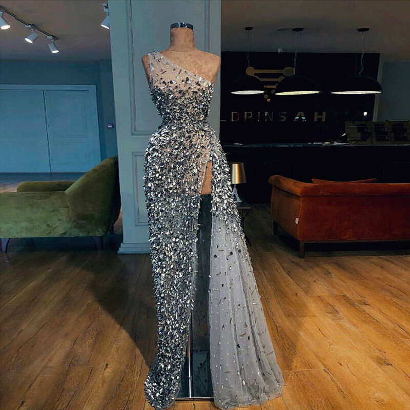 Custom Made Sexy One Shoulder Dresses Round Sequin Illusion High Split Evening Prom Party Gowns Grand Event Gown