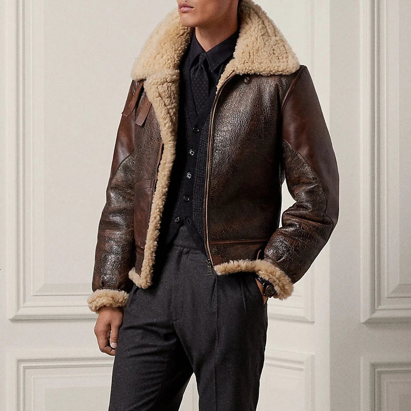 High quality fur integrated mens jacket winter product thick leather warm sheepskin mens aviation jacket 240927