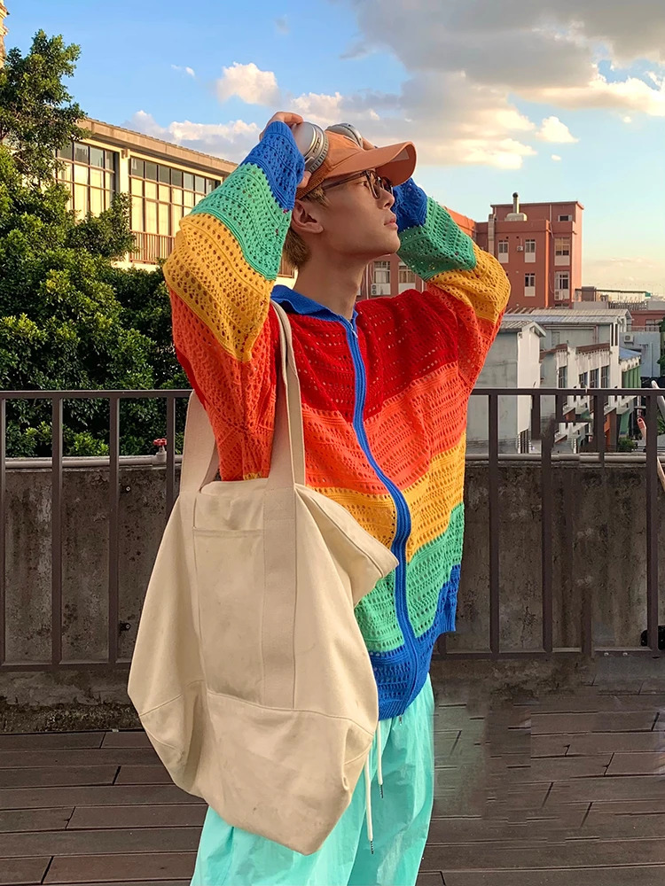 Colorful cardigan mens loose Japanese style street handsome Y2k aesthetic fully matched spring and summer unisex fashion casual 241007