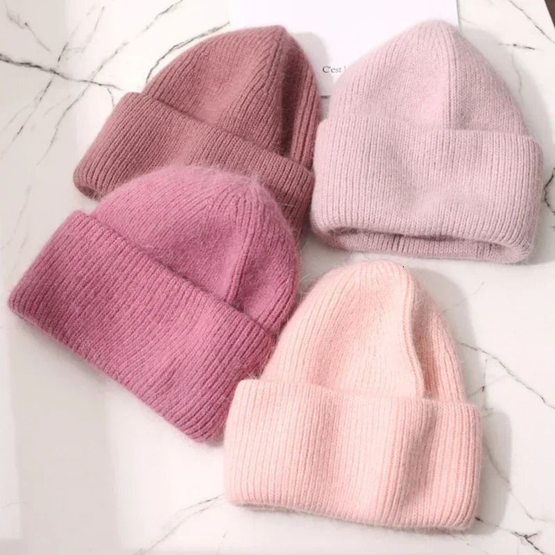 Winter Knitted Beanies Fashion Warm Cashmere Wool Skullies Angola Rabbit Fur Women Cap Female Three Fold Ski Outdoor Hats 241007