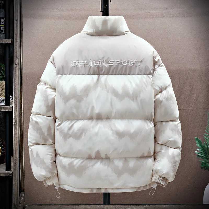 Men's Down Parkas Plush Jacket Men Winter Patchwork Stand-up Collar Printing Coat Cotton-Padded Jacket Unisex Thick Warm Vintage Fashion Parkas Y