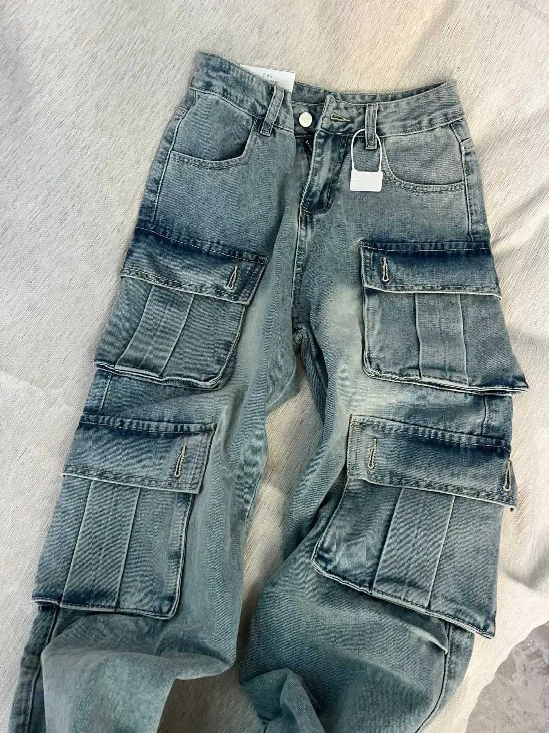 American style trendy retro multi pocket denim workwear pants men and women summer new popular washed wide leg casual pants y2kX241009