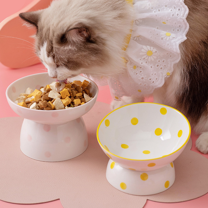 Cat and dog bowl ceramic high foot spine protection pet bowl slanted mouth cat and dog basin easy to clean ceramic pet food basin