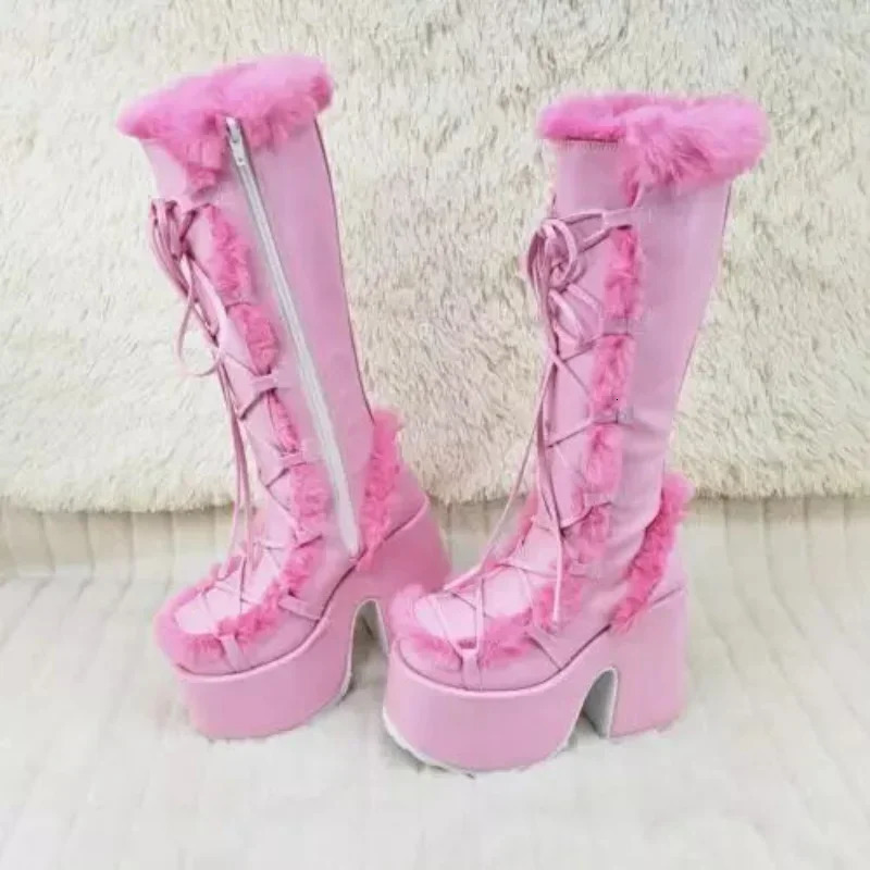 Winter Womens Snow Boots Platform Wedge High Heels Artificial Fur Womens Shoes Plush Warm Anti slip Mid calf Boots Gothic Shoes 241007