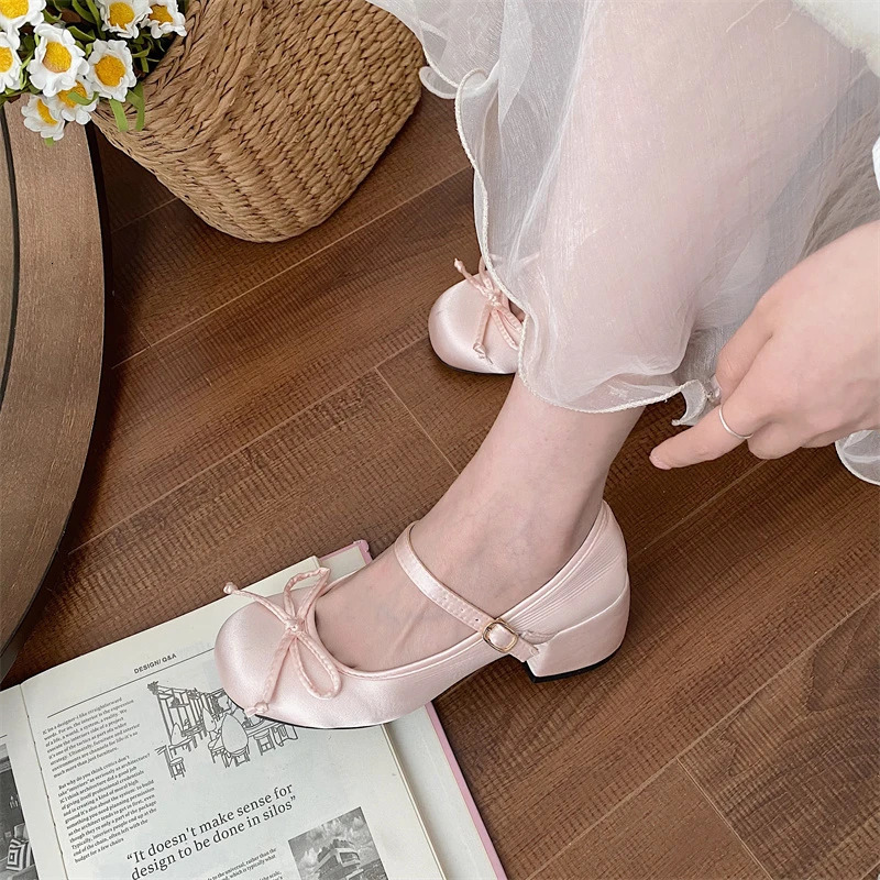 Spring Autumn Thick Heel Pink Shoes Elegant Bow Lolita Shoes College High Heels Fashion Womens Sandals 241007