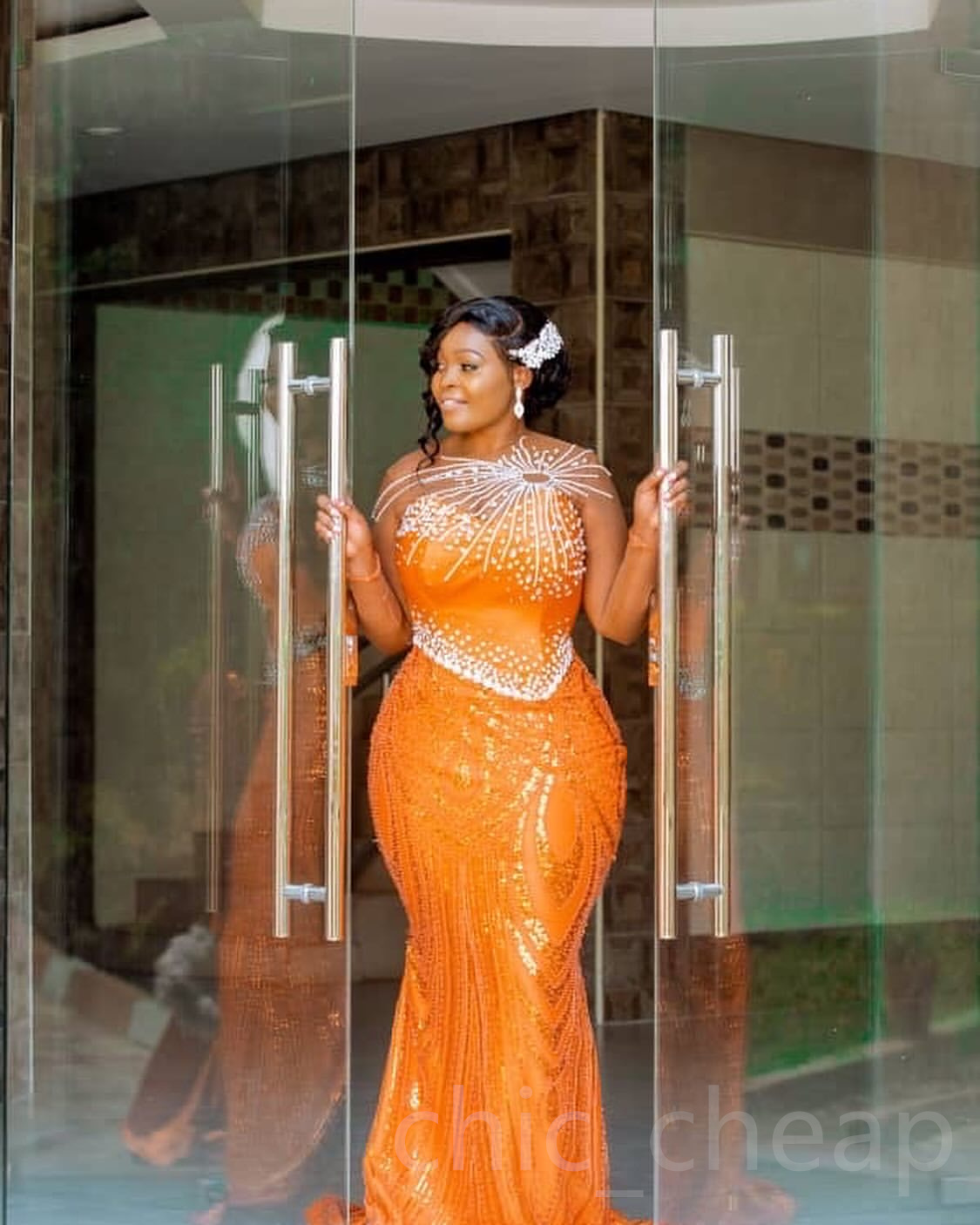 Aso Ebi 2024 Orange Mermaid Prom Dresses Rhinestones Sequined Lace Full Sleeves Evening Formal Party Second Reception Birthday Gowns Dress For Special