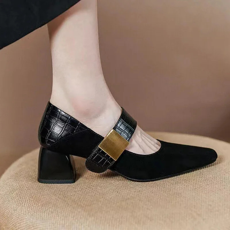 pump heel fashionable suede Mary shoes trend dress party light short and chubby womens shoes Mujer 241007