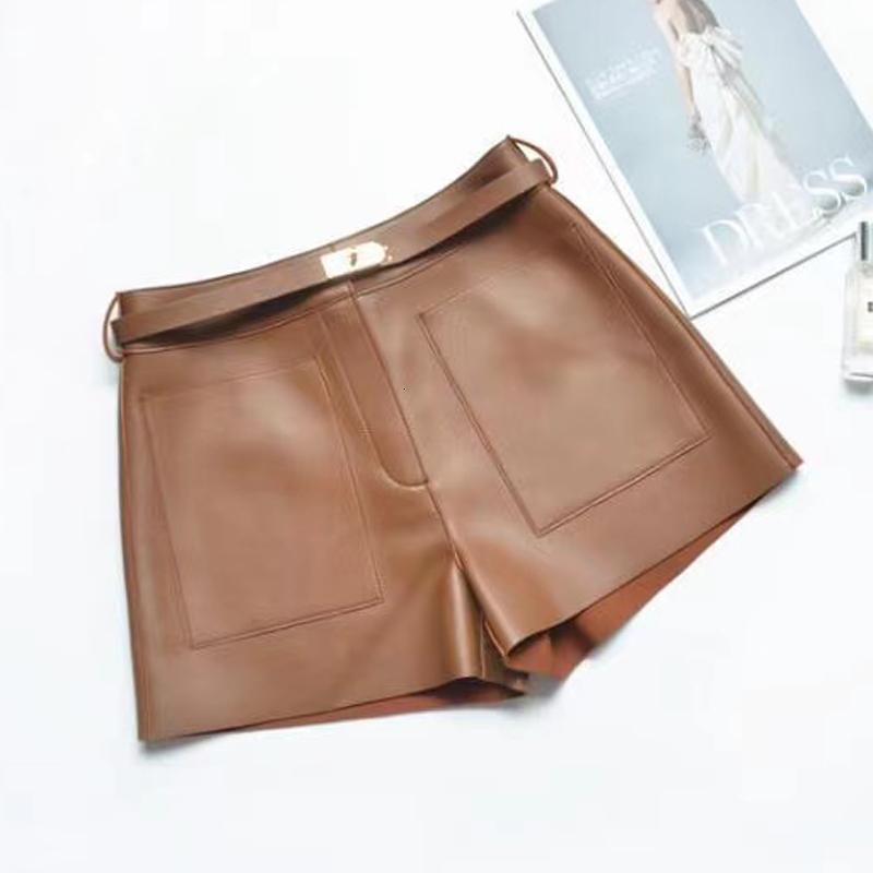 Real Sheepskin Women New Arrival 2024 Casual Genuine Leather Shorts Versatile White Belt Botton Short Mujer Pant