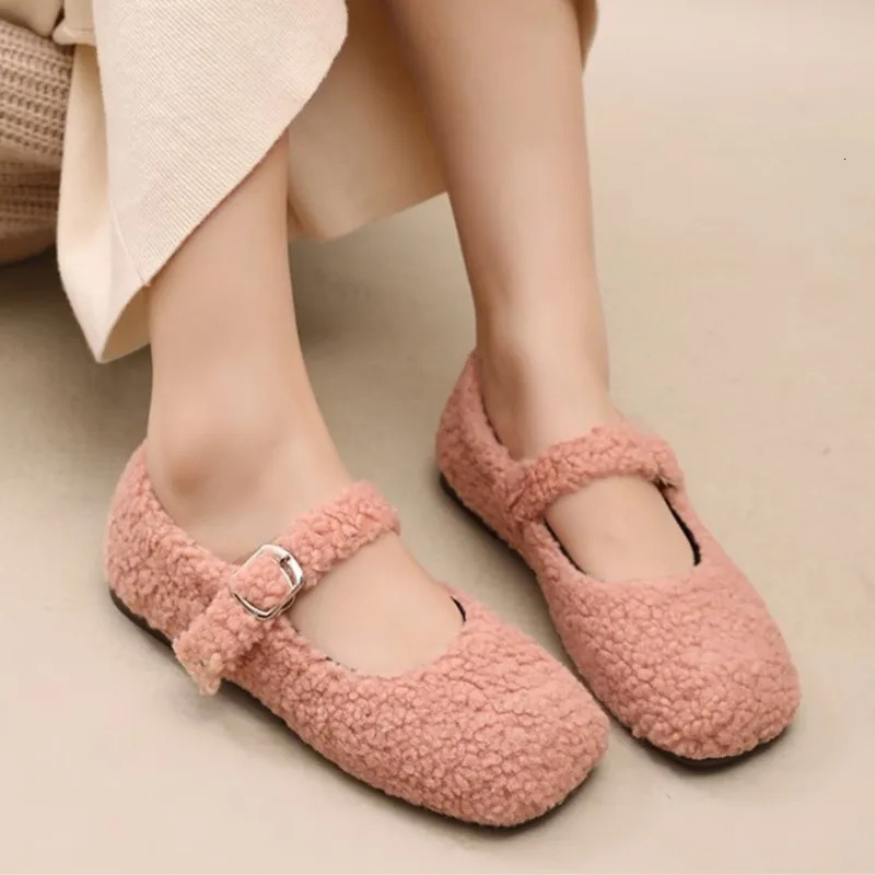6-color womens flat bottomed faux fur winter shoes Mary Janes shoes warm light button Lambswool cotton padded shoes boat shoes 1632C 241007