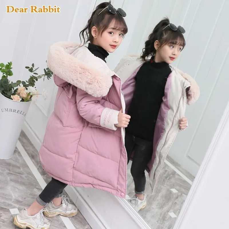 Down Coat 2024 Fashion Childrens Winter Cotton Jacket Girls Clothing Warm Thick Park Fur Collar Hooded Long Coat 3-14Y H241010