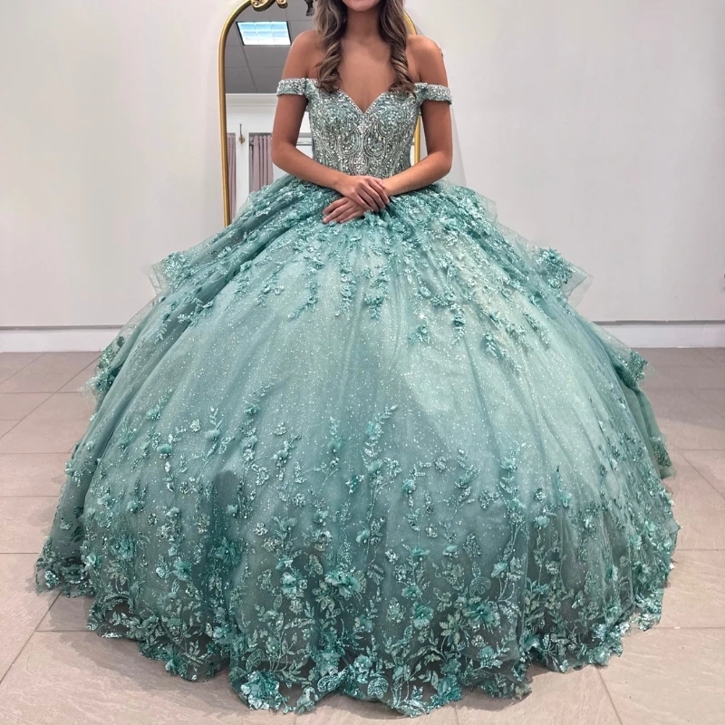 Green Shiny Off The Shooulder Quinceanera Dresses Party Birthday Dress Sequin Applique Lace Beads Crystal Tull Gown Vestidos De 15 Anos