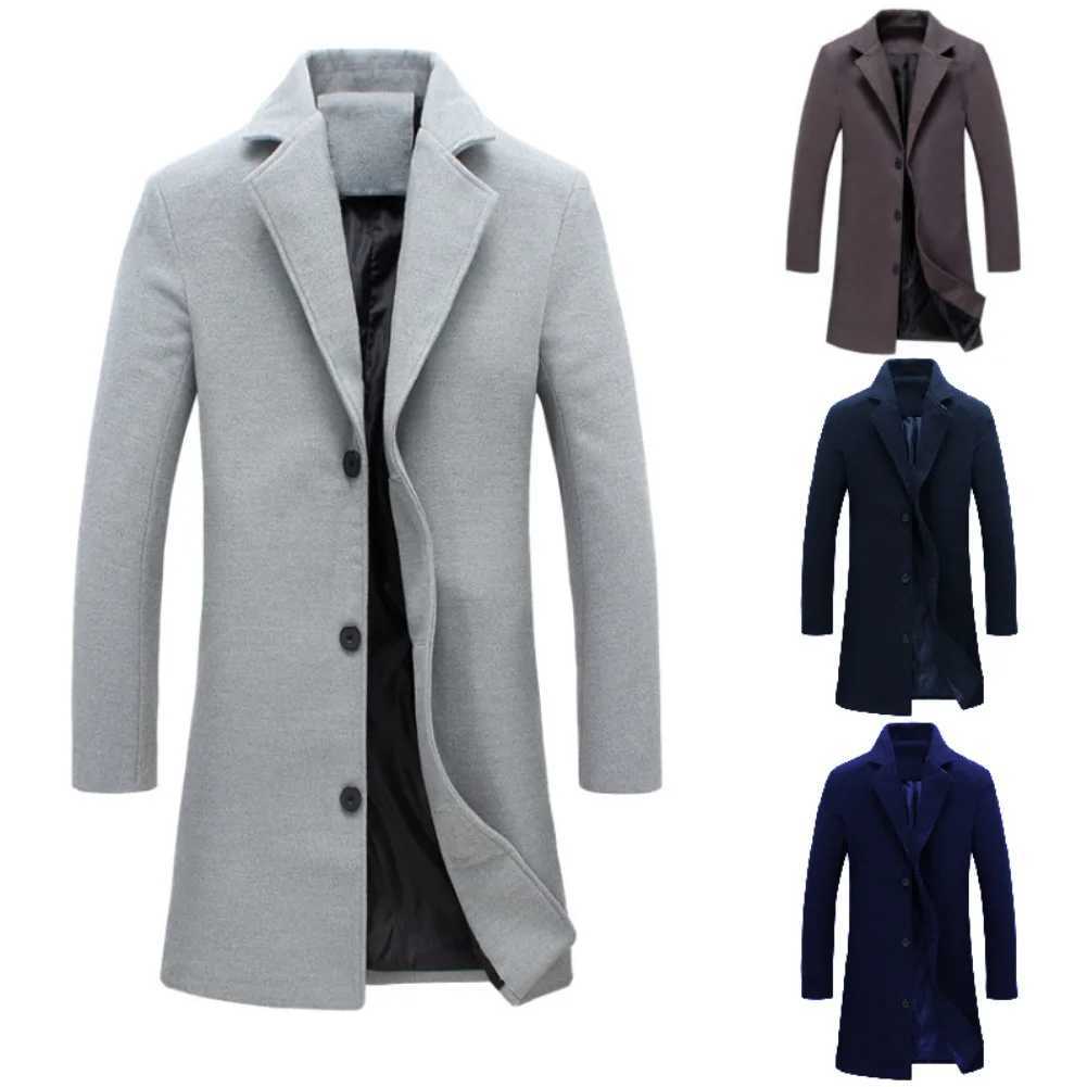 Fashion Men Jacket Winter Solid Color Long Woolen Coat Single Breasted Jacket Overcoat Mens long stand-up collar coat LX241010